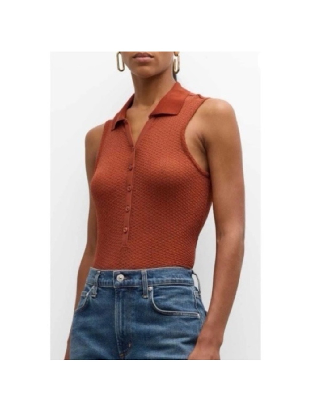 Frame Denim Mesh Lace Sleeveless Polo Button-Front Top in Rust